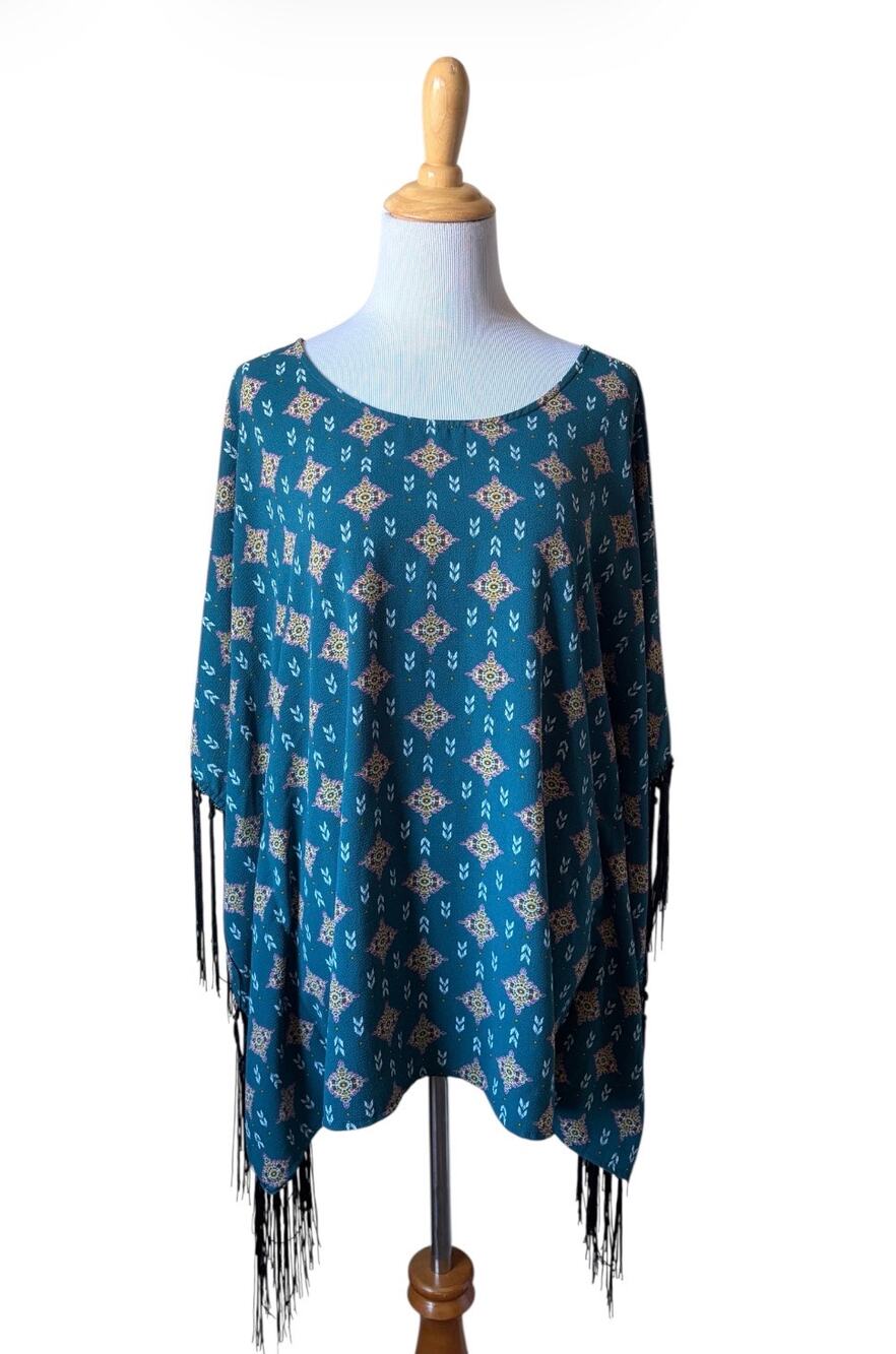 Wrangler Aztec Print Kaftan Fringe Sleeve Western Tunic Blouse Sz L Country